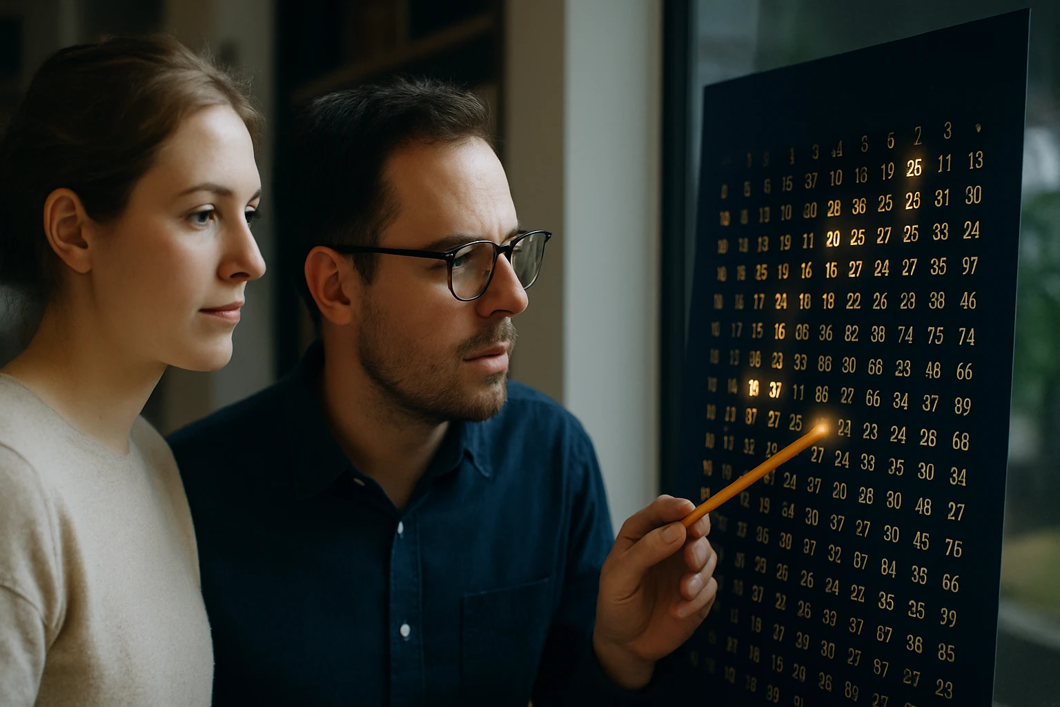 Két fiatal felnőtt figyelmesen nézi a matematikai táblázatot, amelyen számok láthatók.