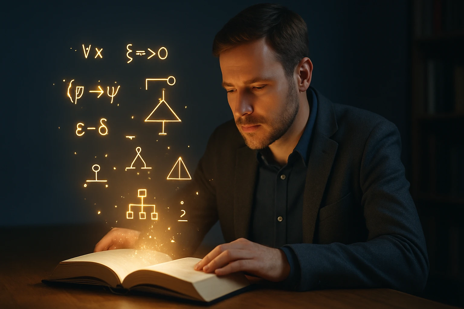 Egy férfi egy nyitott könyvet néz, matematikai szimbólumok lebegnek a levegőben.