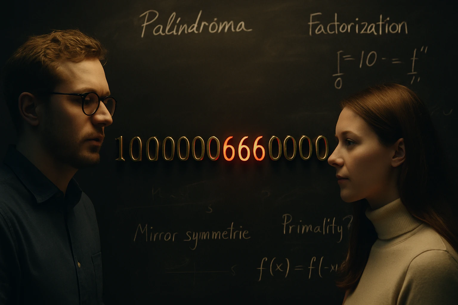 Két fiatal ember áll egy táblánál, amelyen matematikai fogalmak és számok láthatók.