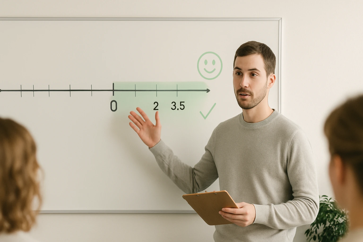 Egy férfi matematikai fogalmakat magyaráz egy táblán, ahol egy számvonal látható.