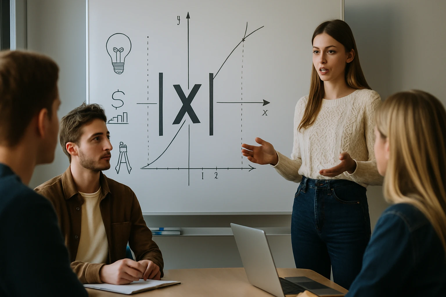 Egy fiatal nő matematikai fogalmakat magyaráz egy csoportnak, táblán grafikon látható.