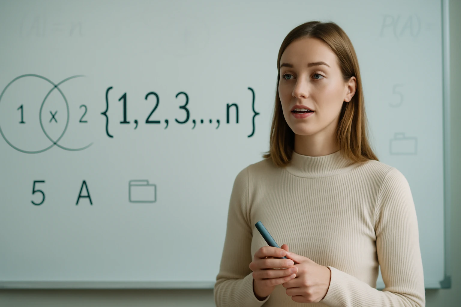 Egy fiatal nő matematikai fogalmakat magyaráz egy táblánál.