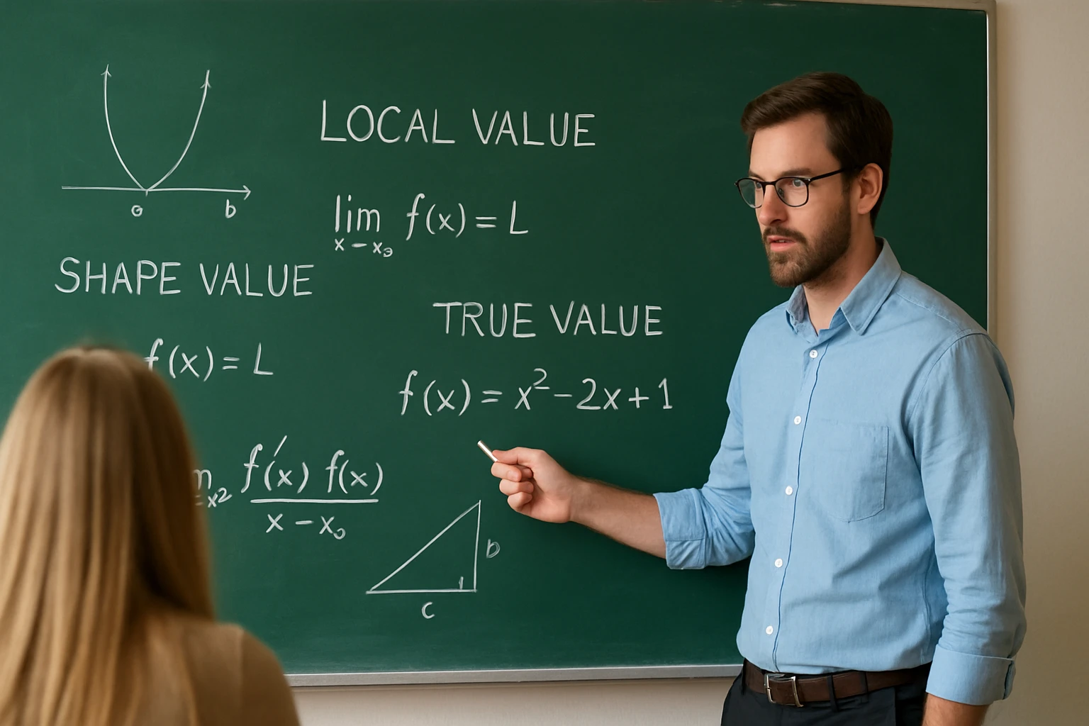 Egy tanár a táblán matematikai képleteket magyaráz, diákoknak mutatja be a függvényeket.