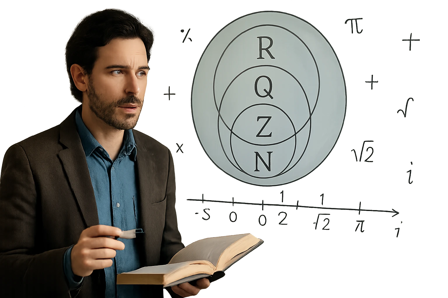Egy férfi matematikai könyvet tart a kezében, háttérben matematikai szimbólumokkal.
