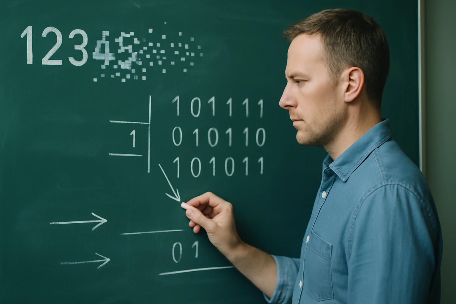 Egy férfi a táblán számokat és bináris kódot ír, matematikai fogalmakat magyaráz.