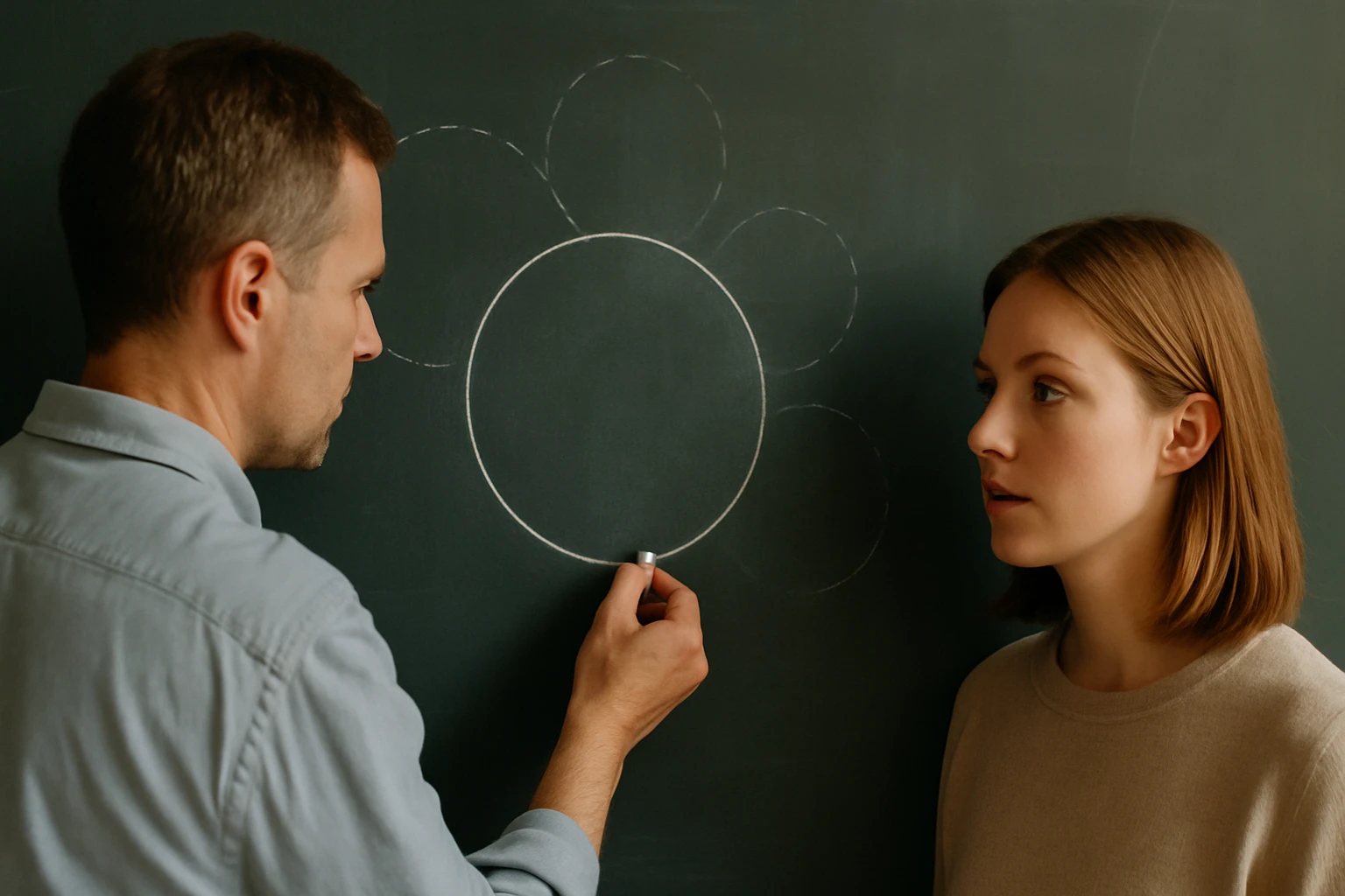 Egy férfi táblára rajzol egy kört, miközben egy nő figyeli.