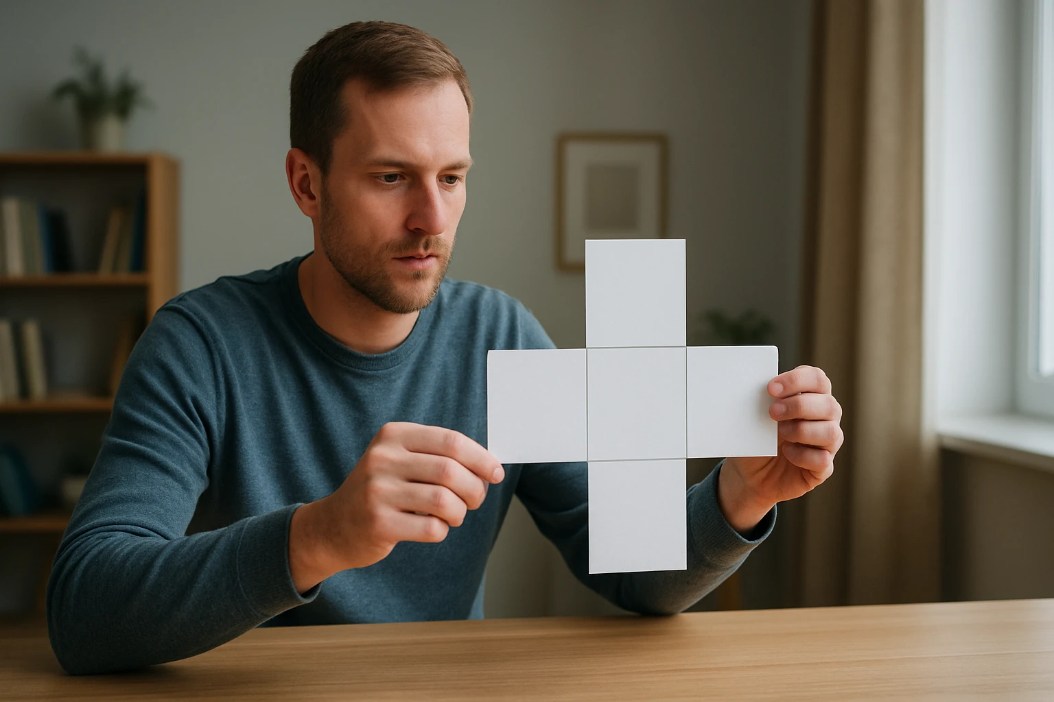 Egy férfi fehér papírlapokat tart a kezében, matematikai formát alkotva.