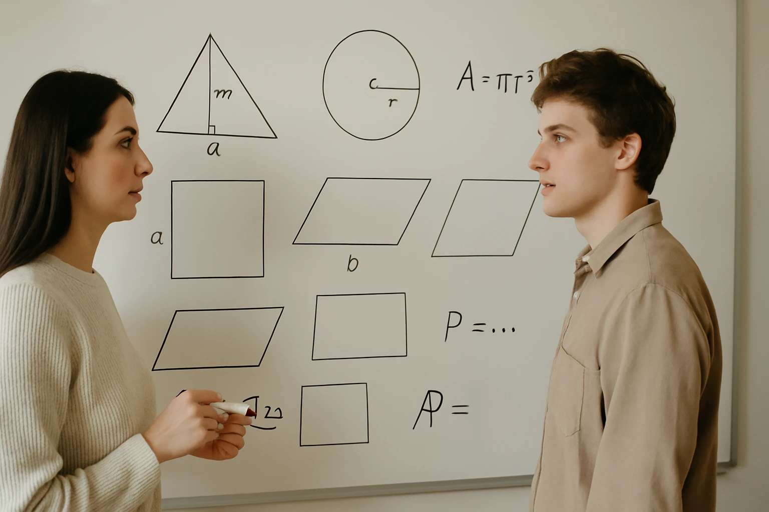 Két fiatal, egy férfi és egy nő, matematikai formákat magyaráz egy táblán.