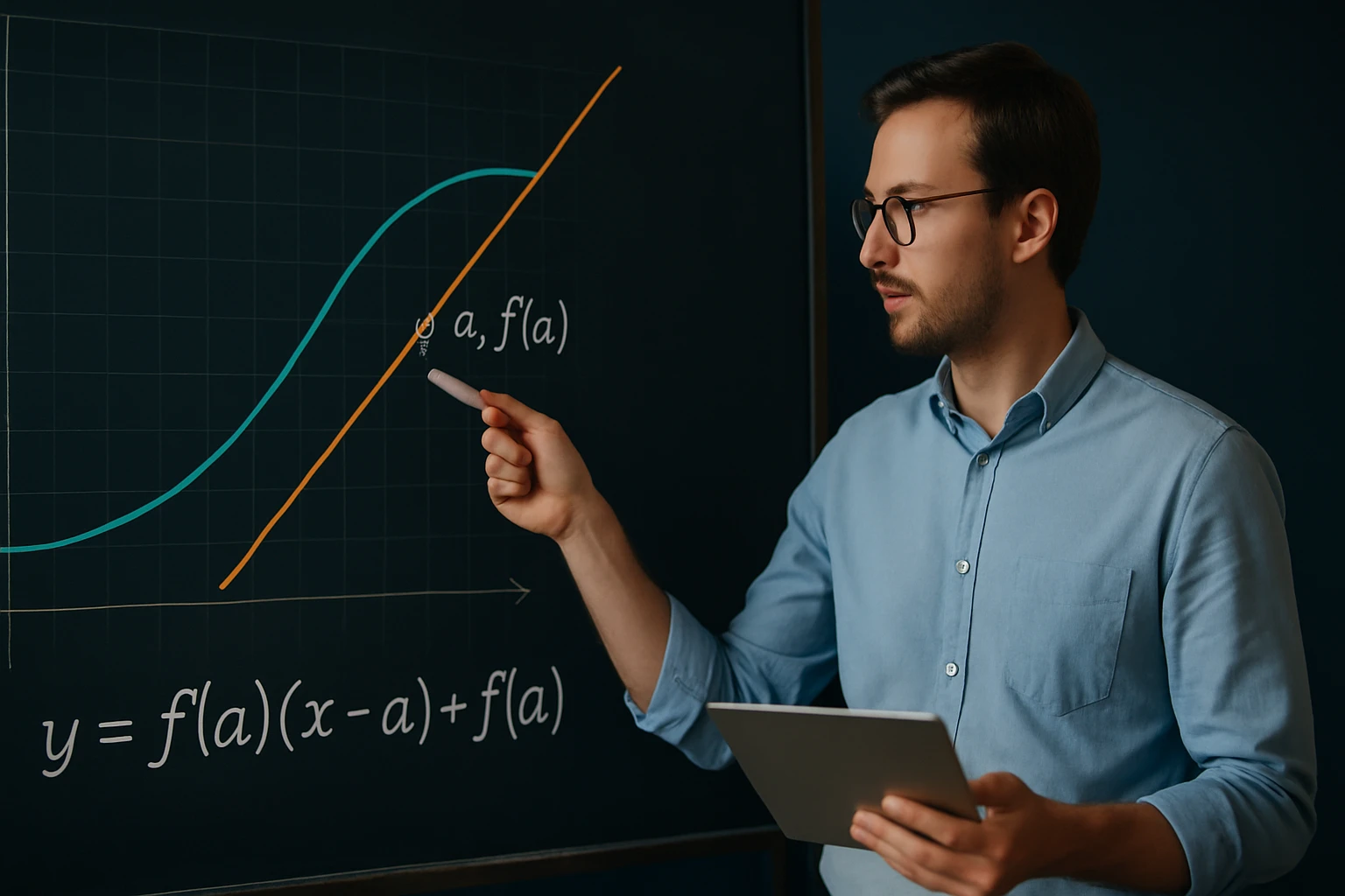Egy férfi matematikai grafikont mutat, amelyen egy függvény és érintővonal látható.