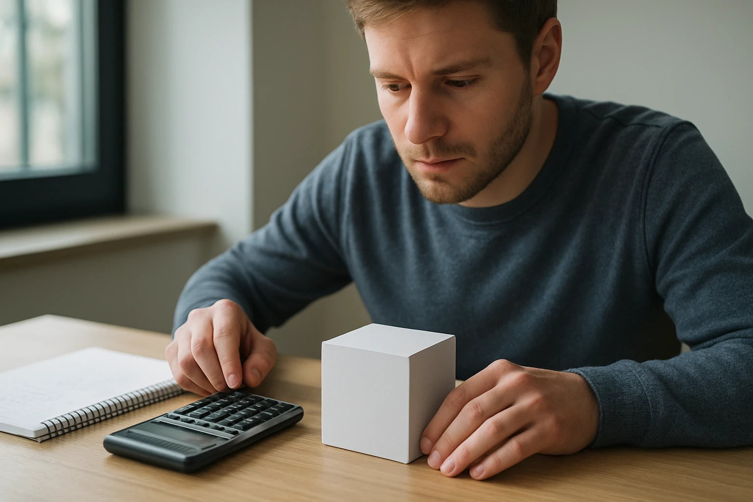 Egy férfi számológépet használ, miközben egy fehér kockát néz.