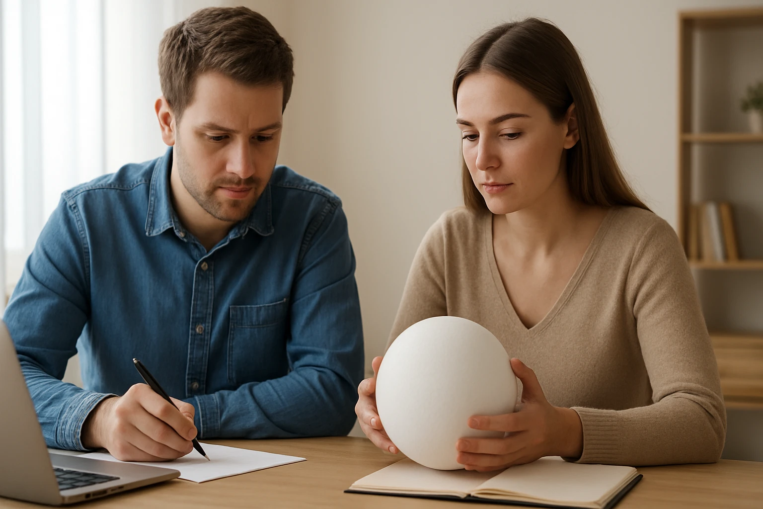 Két fiatal felnőtt ül egy asztalnál, az egyikük egy fehér gömböt tart a kezében.