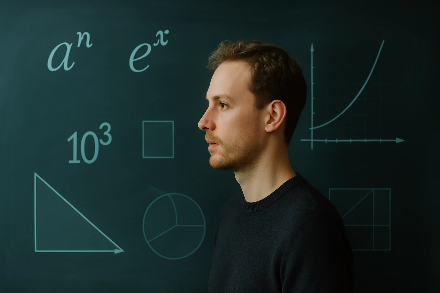 Egy férfi profilja látható, háttérben matematikai képletek és grafikonok.