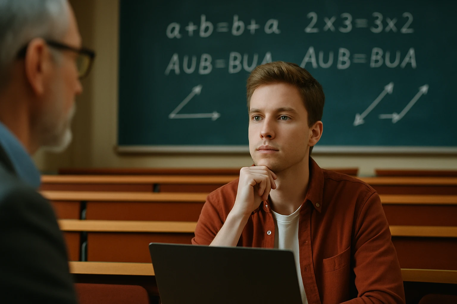 Egy fiatal férfi figyelmesen néz egy laptopra, miközben matematikai egyenletek láthatók a táblán.