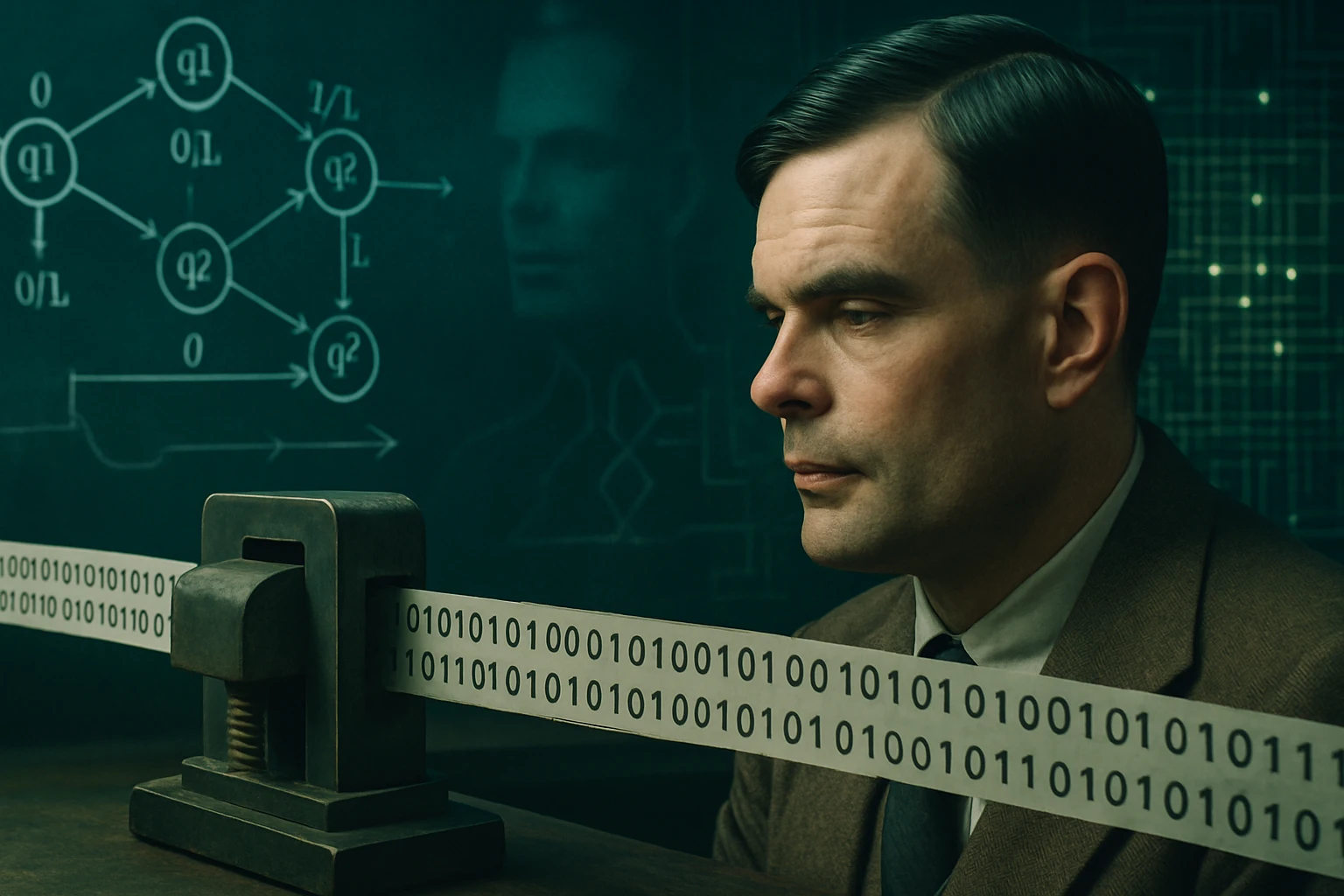 Egy férfi ül egy íróasztalnál, mellette bináris kódot tartalmazó papírszalag.