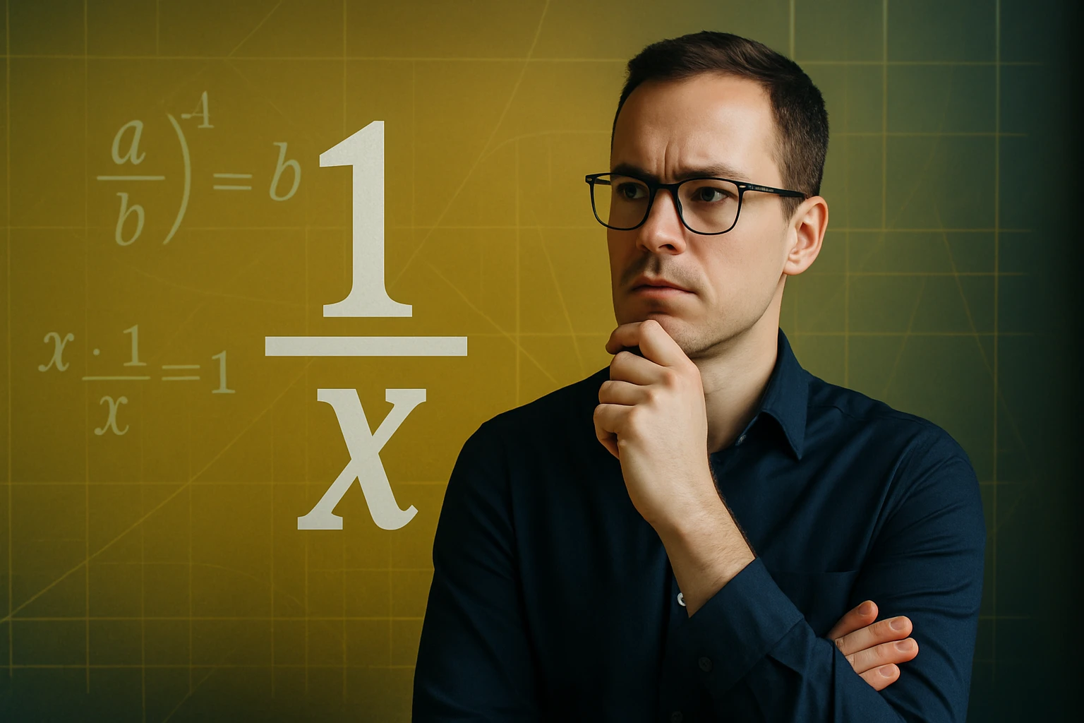 Egy férfi gondolkodik, háttérben matematikai egyenletek és a 1/x kifejezés látható.