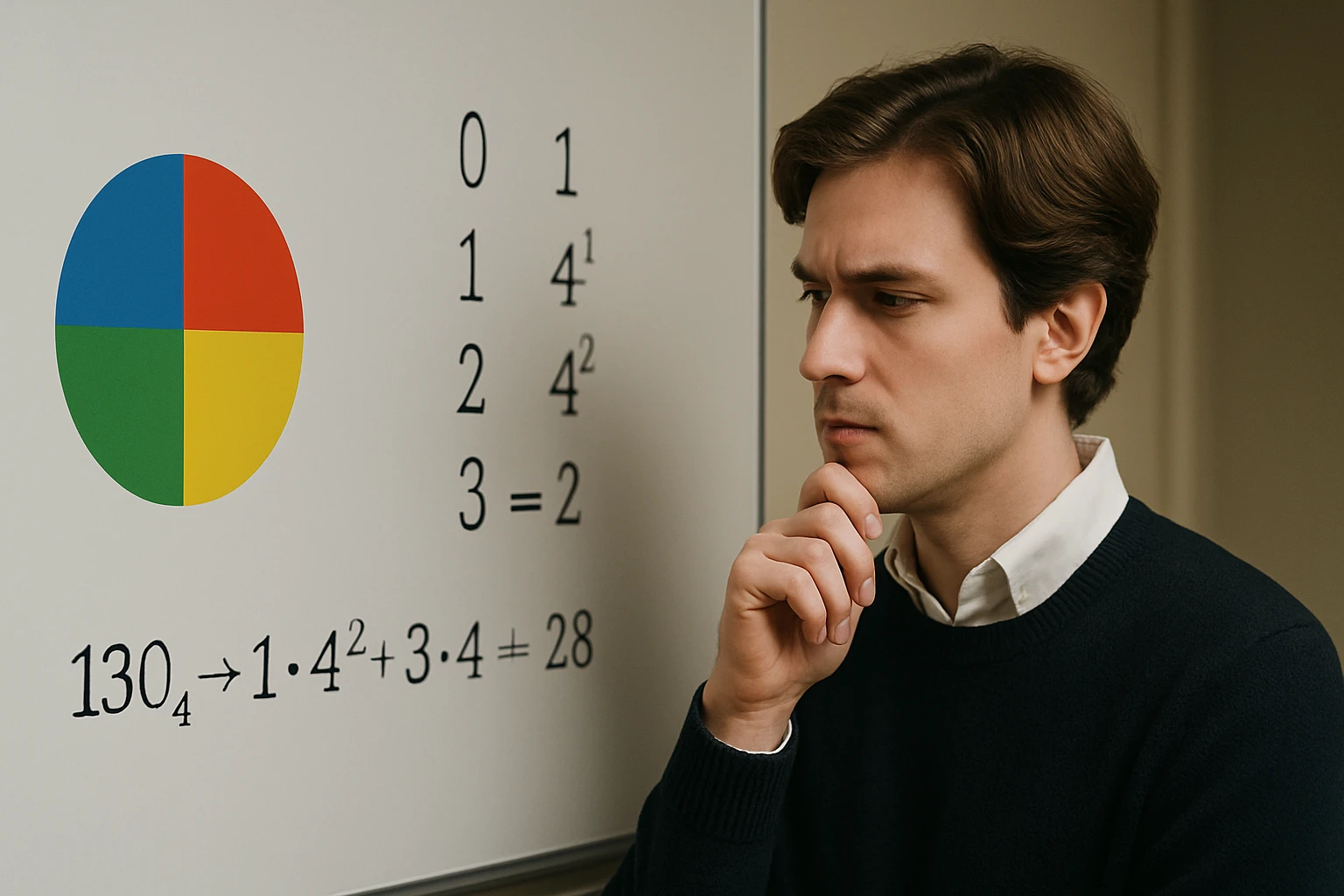 Egy férfi gondolkodik a matematikai egyenletek előtt, színes diagrammal.