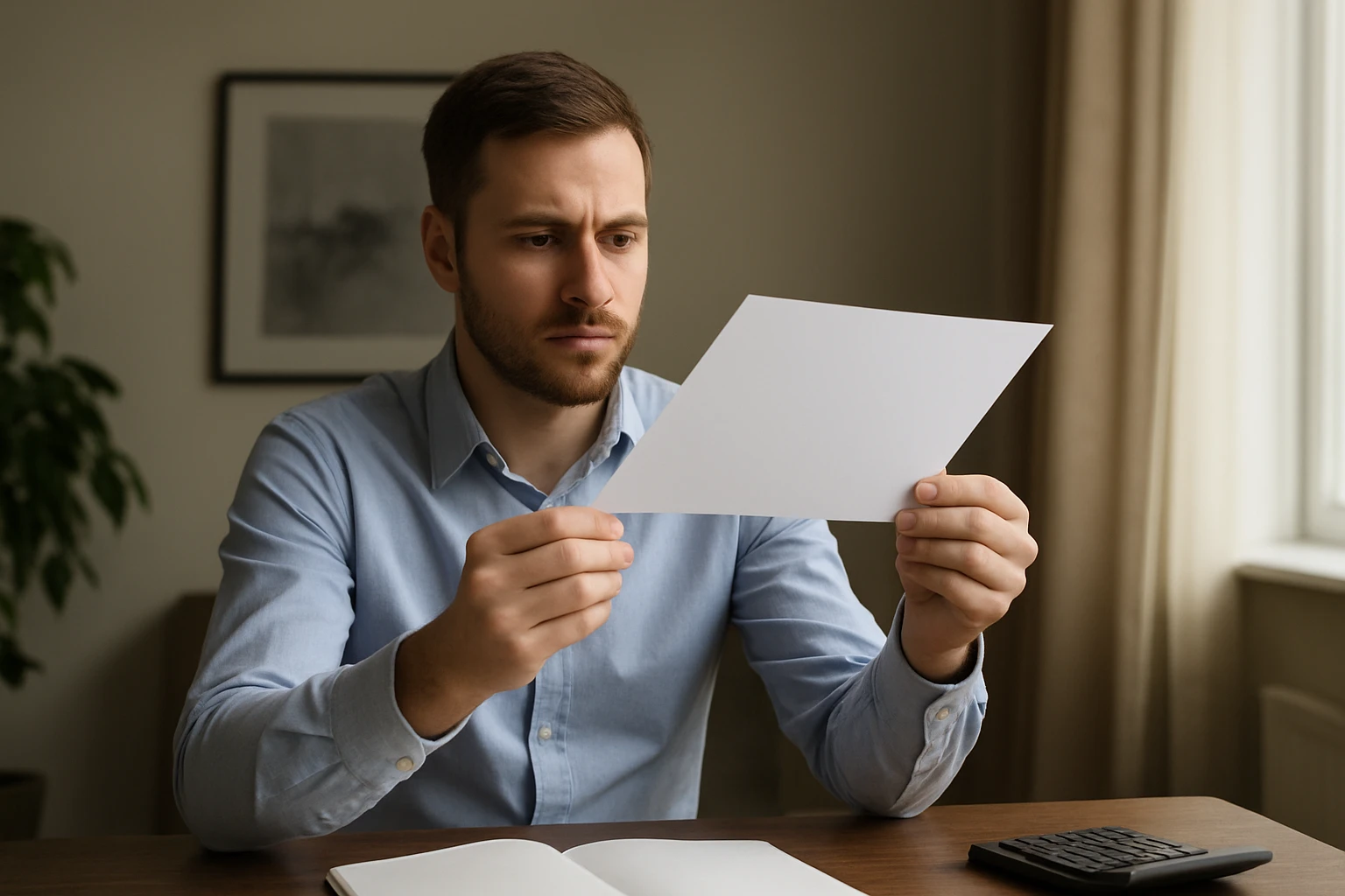 Egy férfi figyelmesen nézi a kezében tartott üres papírlapot.