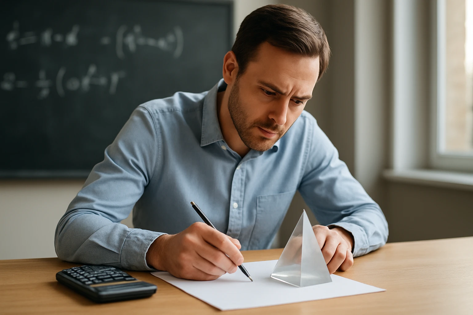 Egy férfi egy átlátszó piramis mellett jegyzetel, matematikai képletek a háttérben.