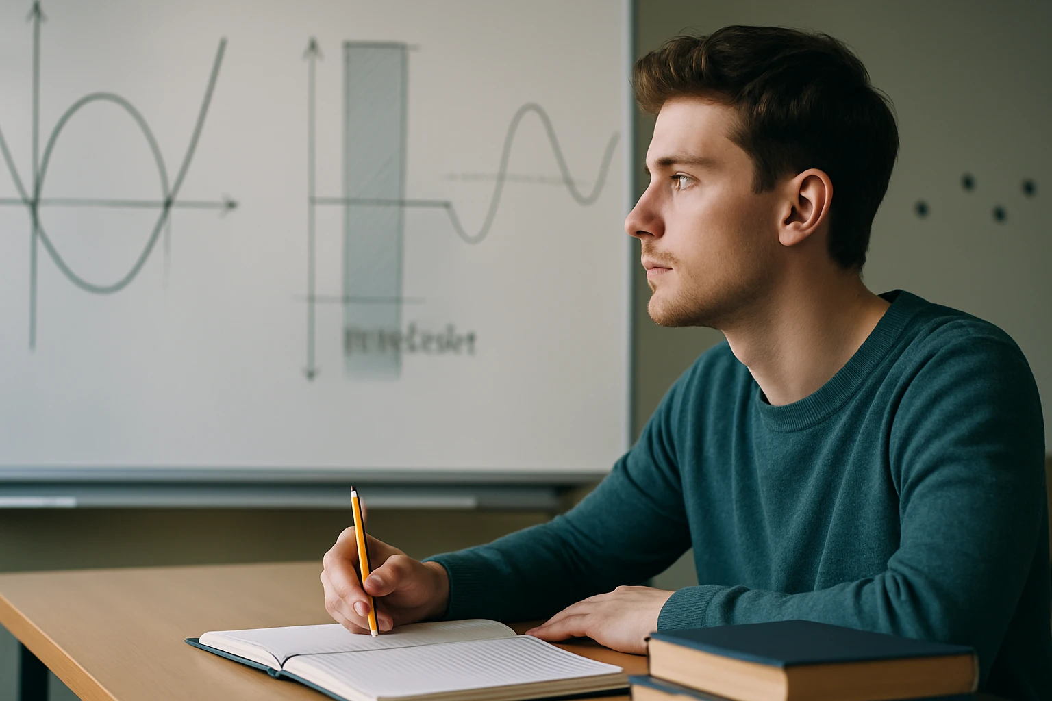 Egy fiatal férfi figyelmesen néz egy matematikai ábrát, miközben jegyzetel.