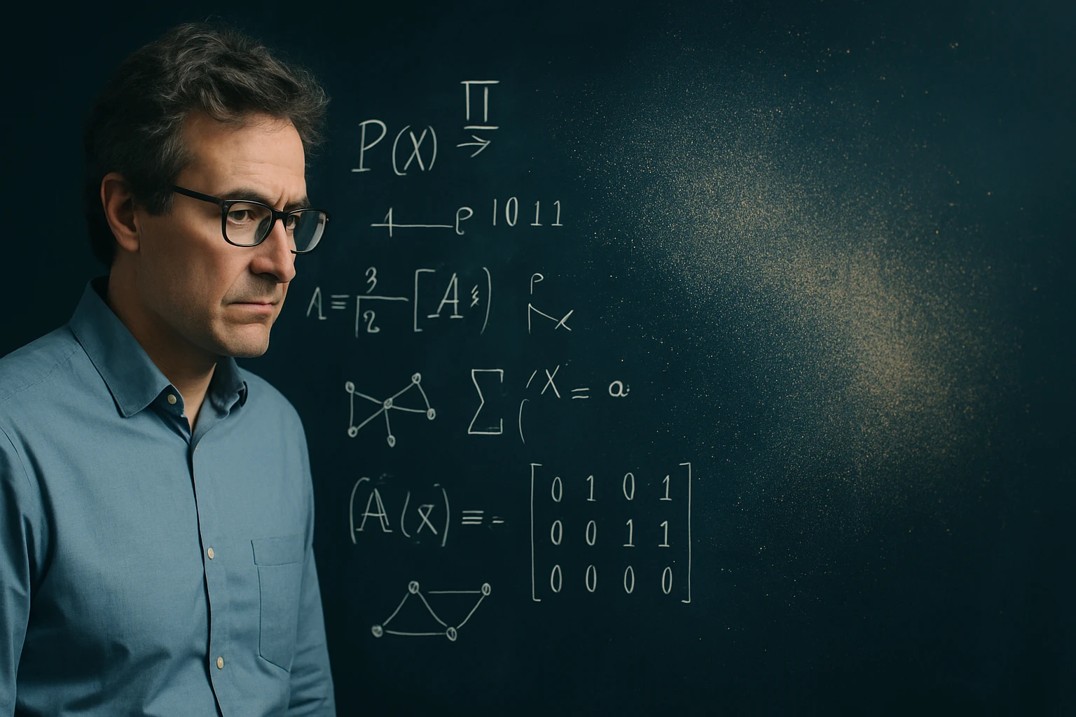 Egy férfi matematikai képletek előtt áll, mélyen gondolkodva.