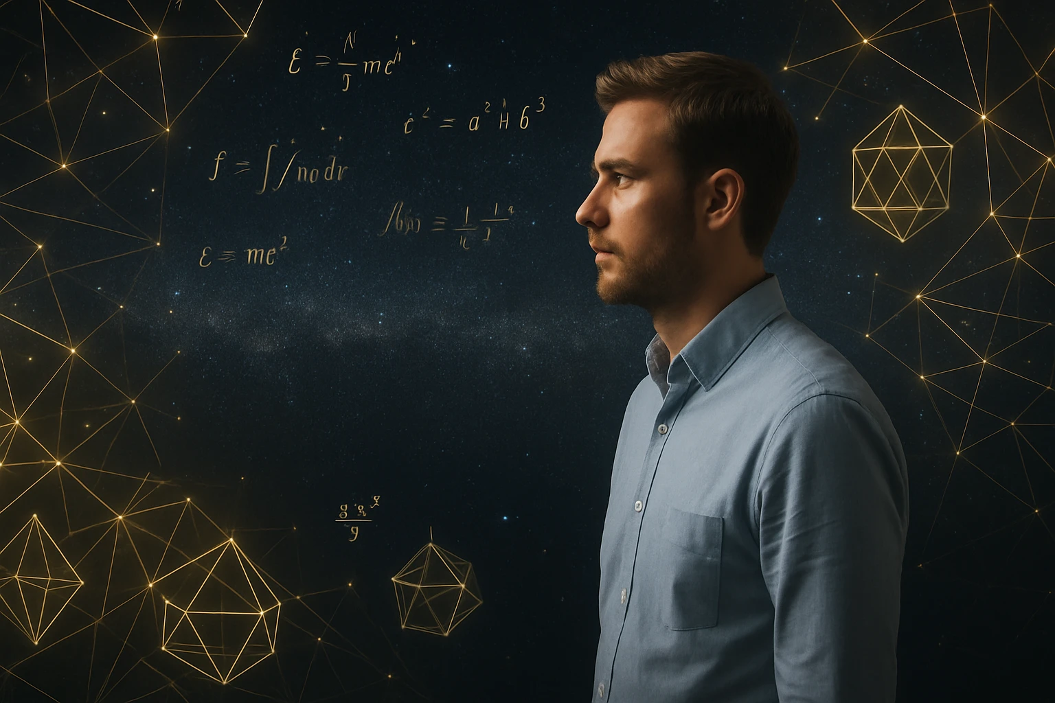 Egy férfi profilja látható, mögötte matematikai képletek és geometriai formák.