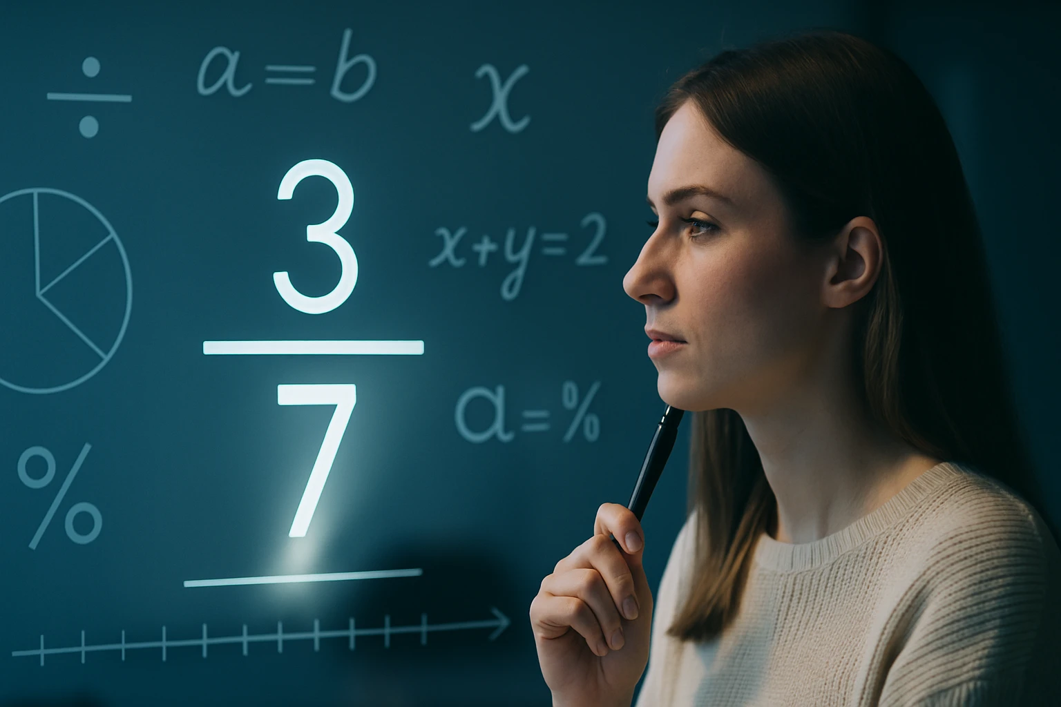 Egy fiatal nő gondolkodik a matematikai egyenletek előtt, a háttérben számok és grafikonok láthatók.