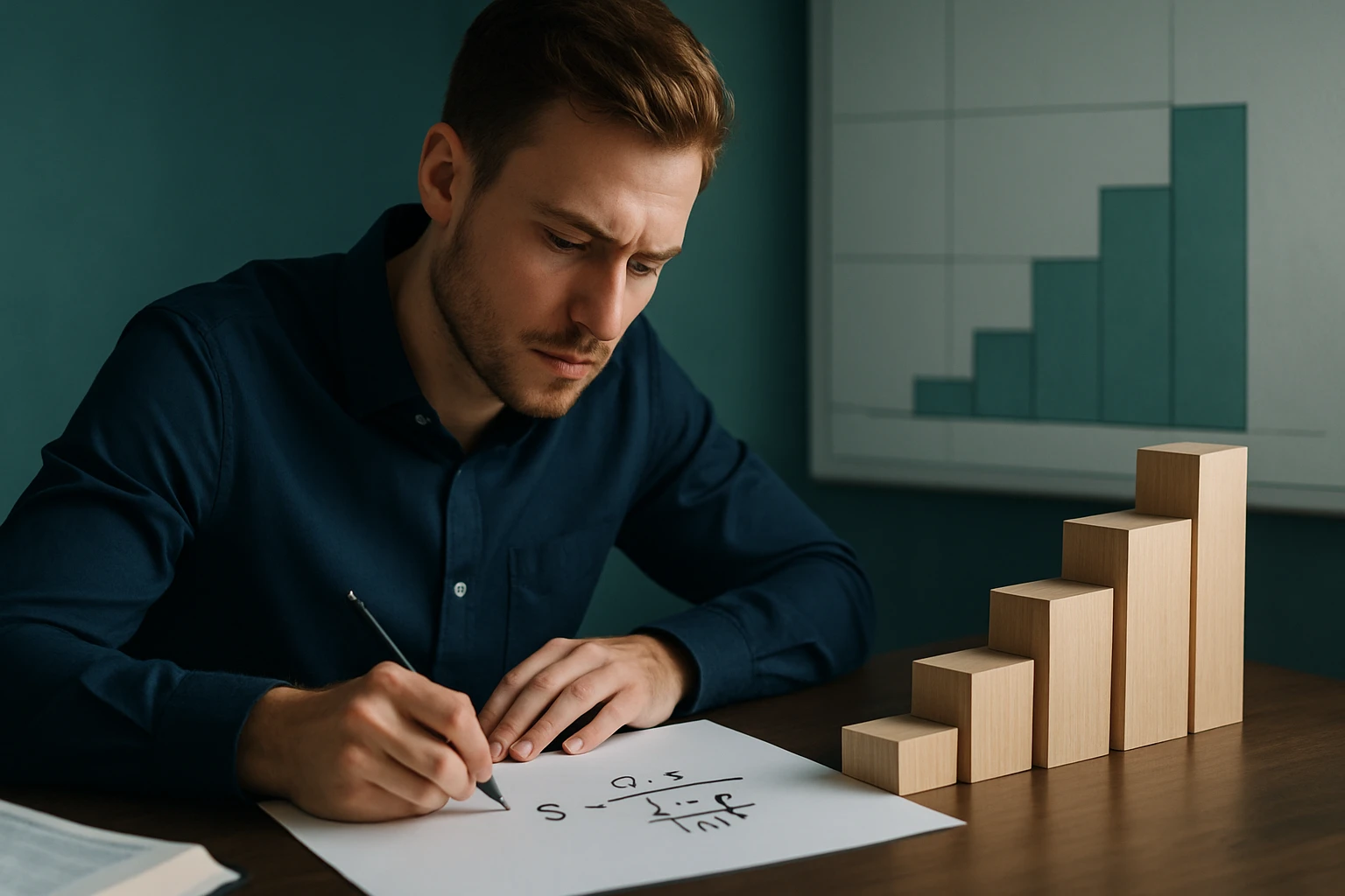 Egy férfi matematikai képleteket ír egy papírra, mellette fa blokkokkal.