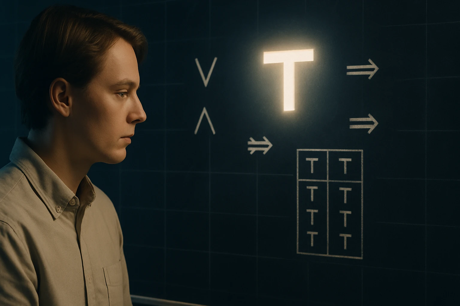 Egy fiatal férfi néz egy matematikai képletre és szimbólumokra.