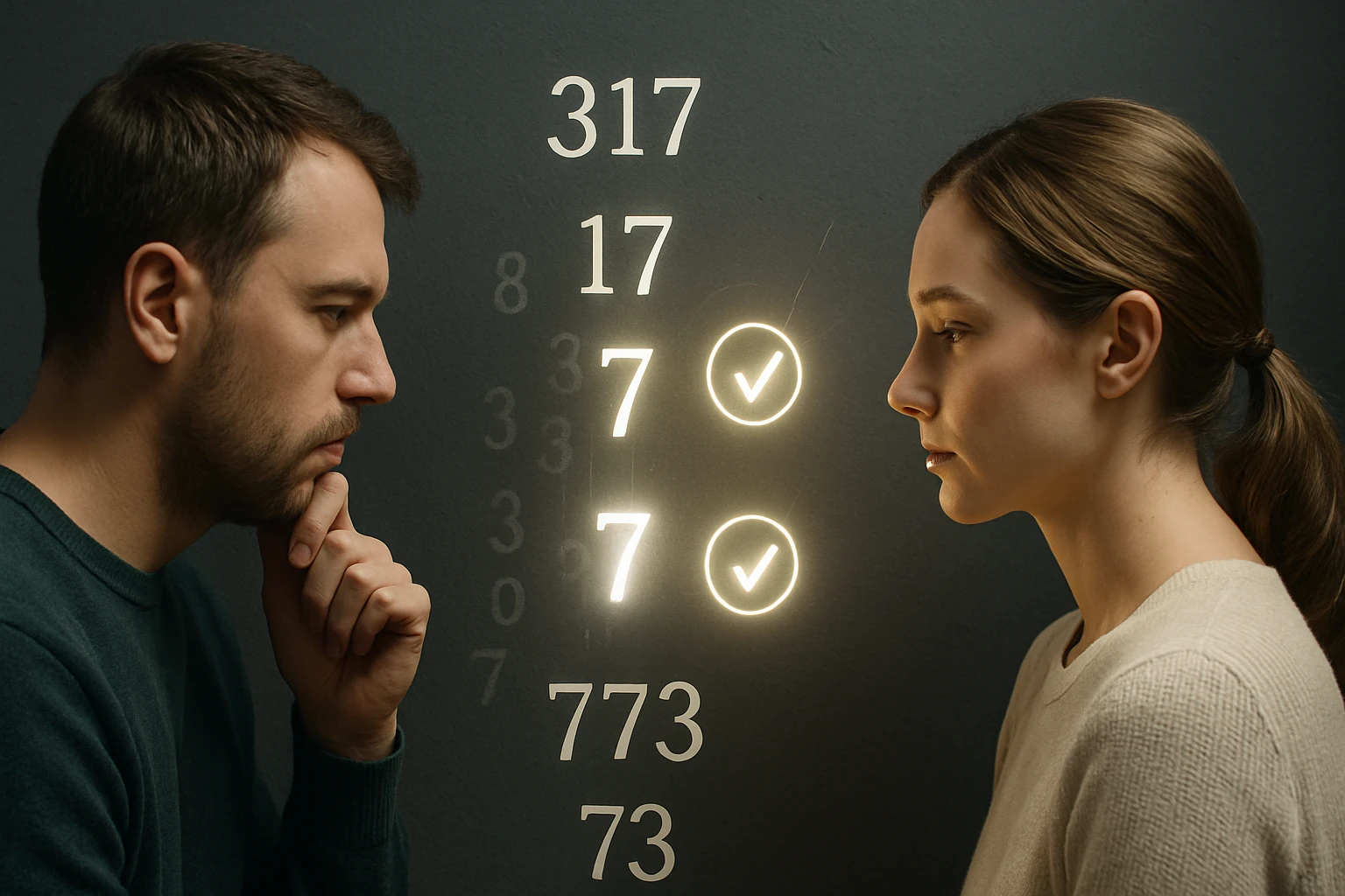 Két ember, akik matematikai problémákon gondolkodnak, számokkal a háttérben.