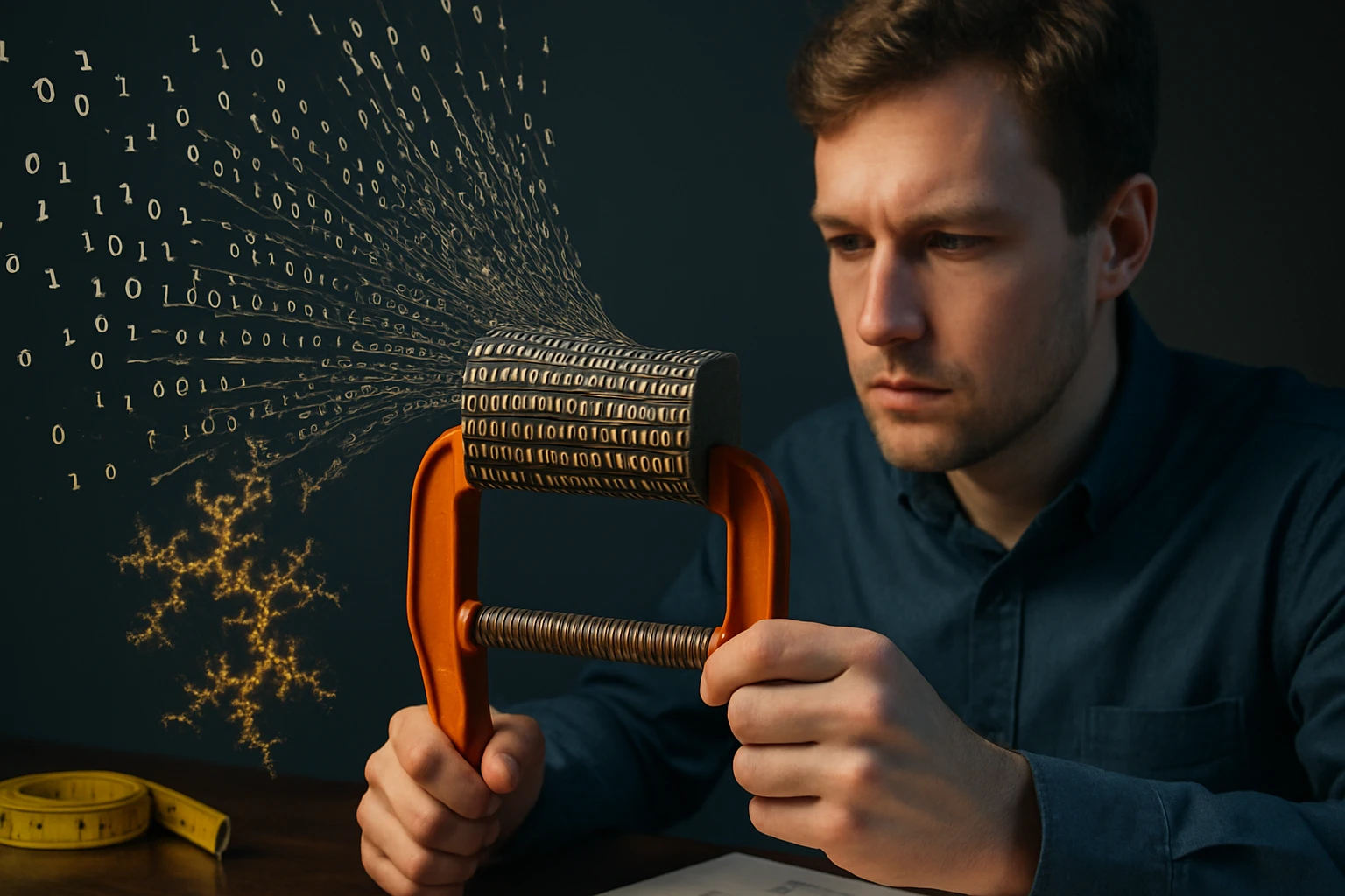 Egy férfi figyelmesen nézi a számokat spriccelő hengert, amely a matematikai gondolkodást szimbolizálja.