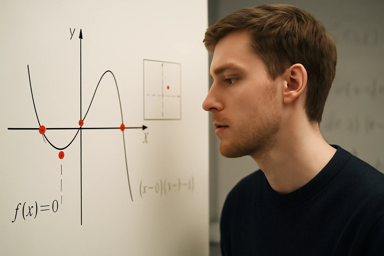 Egy fiatal férfi figyelmesen nézi a matematikai grafikont a falon.