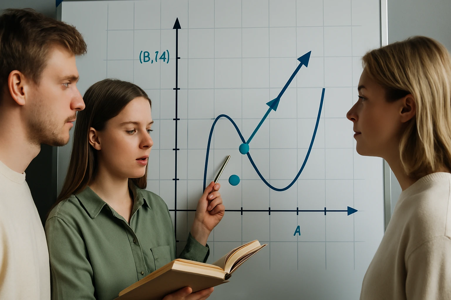 Két fiatal figyelmesen hallgat egy harmadik személyt, aki grafikonról magyaráz.