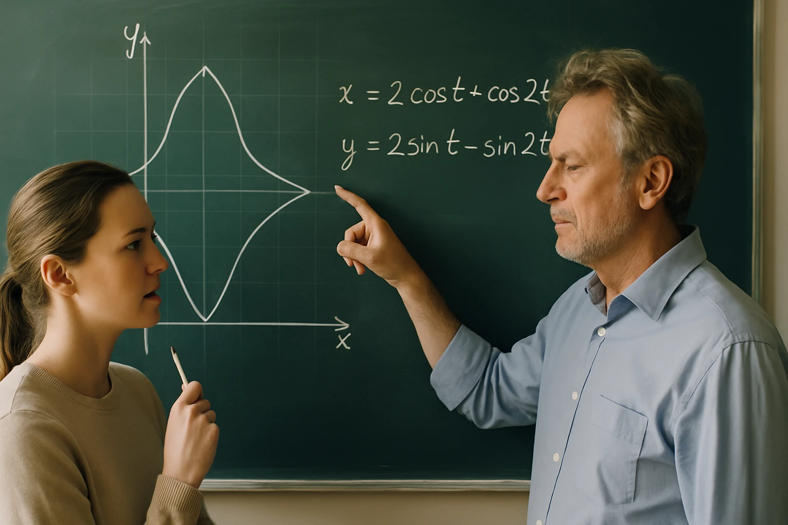 Egy tanár és diák a táblánál matematikai grafikont elemznek.