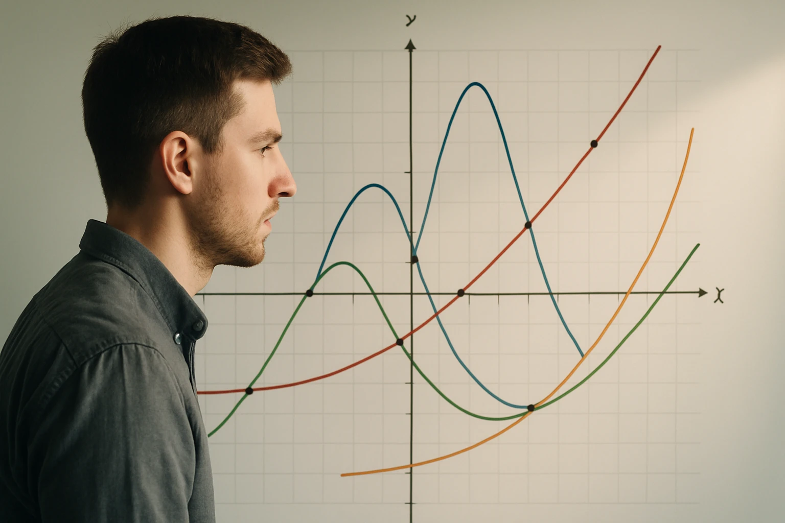 Egy férfi profilból néz egy matematikai grafikonra, amely görbéket ábrázol.