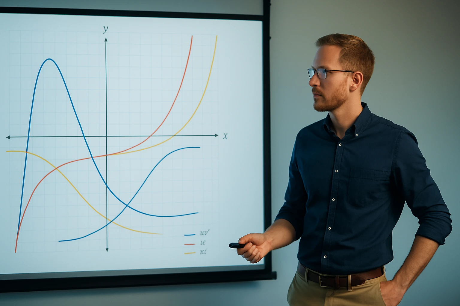 Egy férfi matematikai grafikonokat mutat be egy táblán, különböző színű görbékkel.