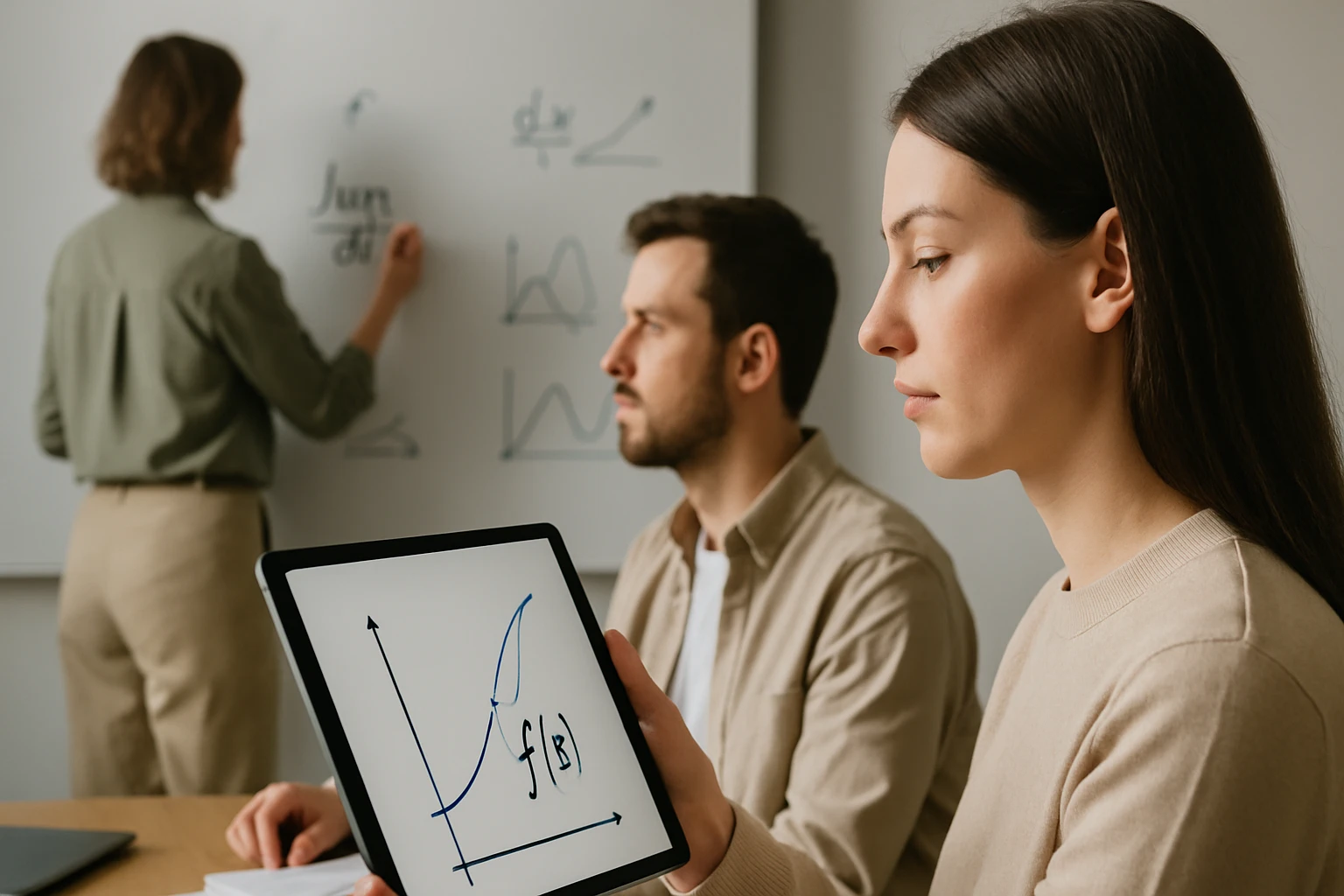 Egy nő egy táblagépen grafikonokat mutat, miközben mások figyelnek.