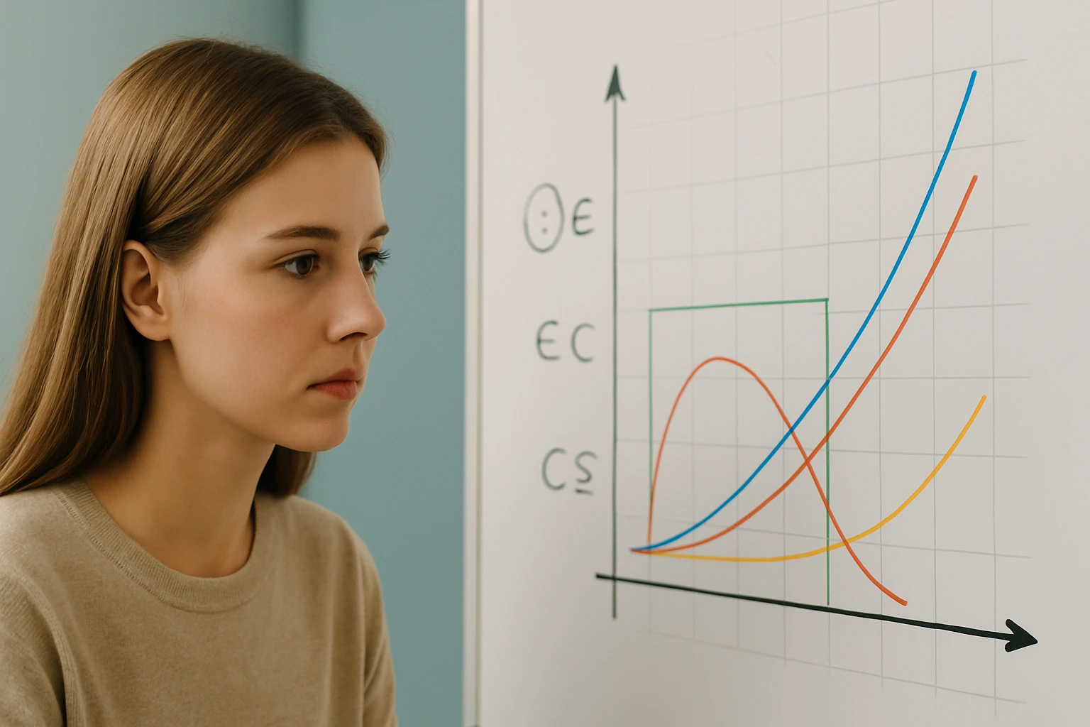 Egy fiatal nő figyelmesen nézi a matematikai grafikonokat egy táblán.