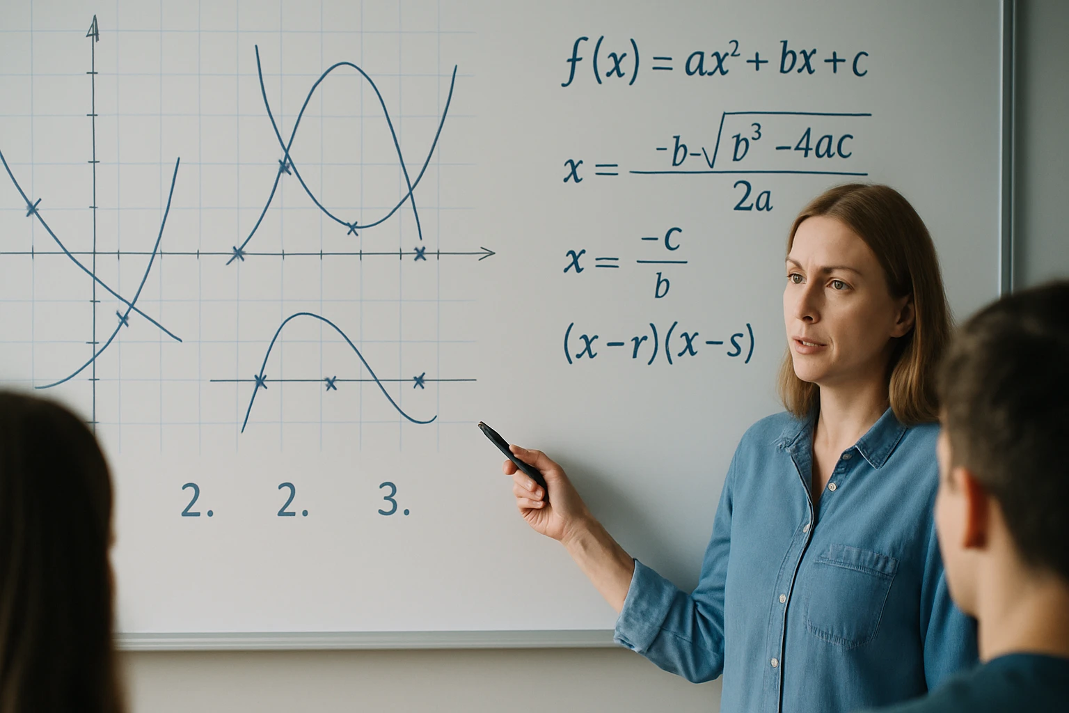 Egy tanár magyaráz egy matematikai grafikont és egyenleteket a táblán.