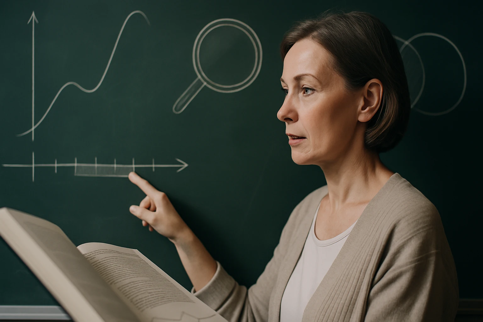 Egy nő mutat egy grafikonra és egy vonalra a táblán, miközben könyvet tart.