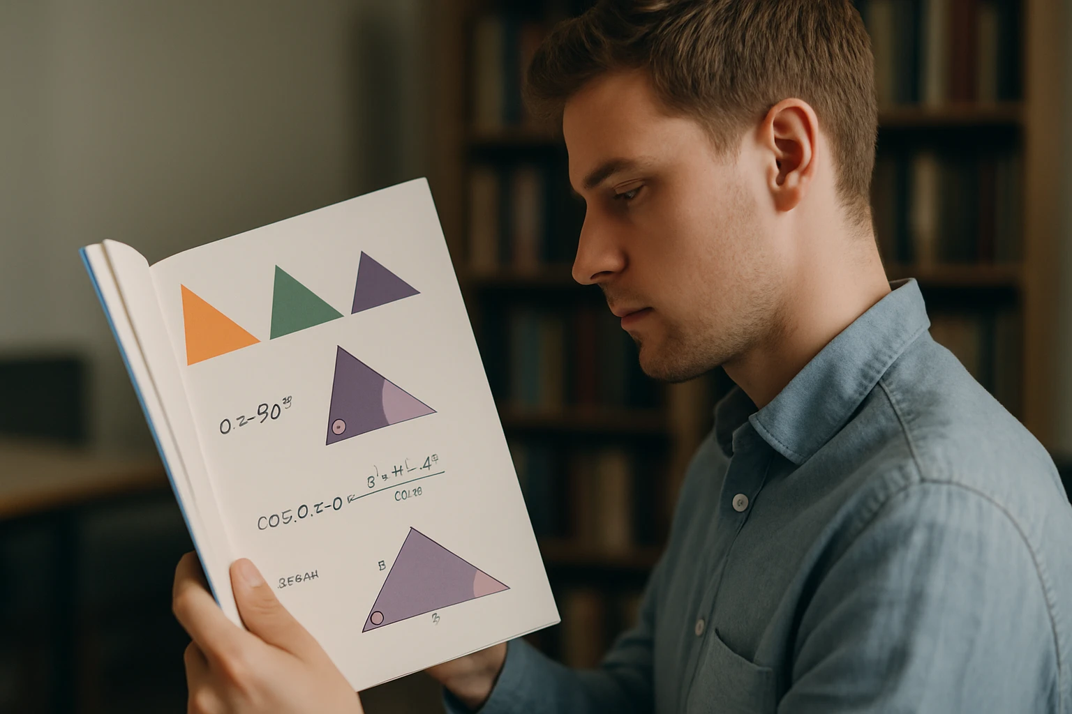 Egy fiatal férfi matematikai könyvet néz, amely háromszögeket és szögeket ábrázol.
