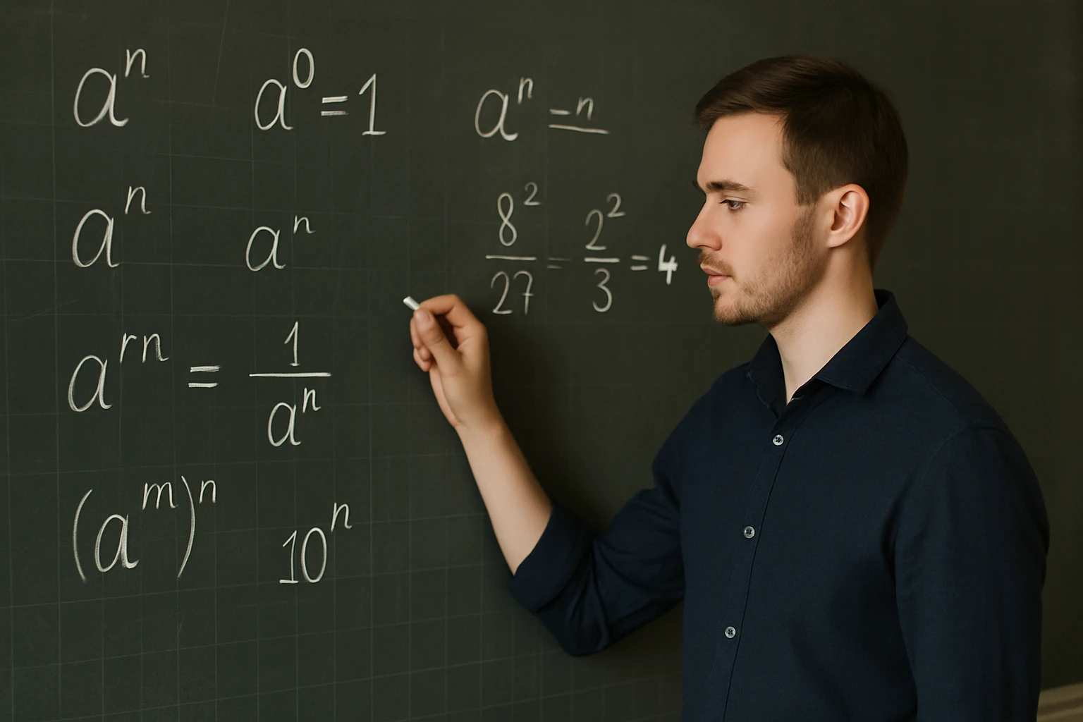Egy fiatal férfi matematikai egyenleteket ír a táblára, a hatványozásról.