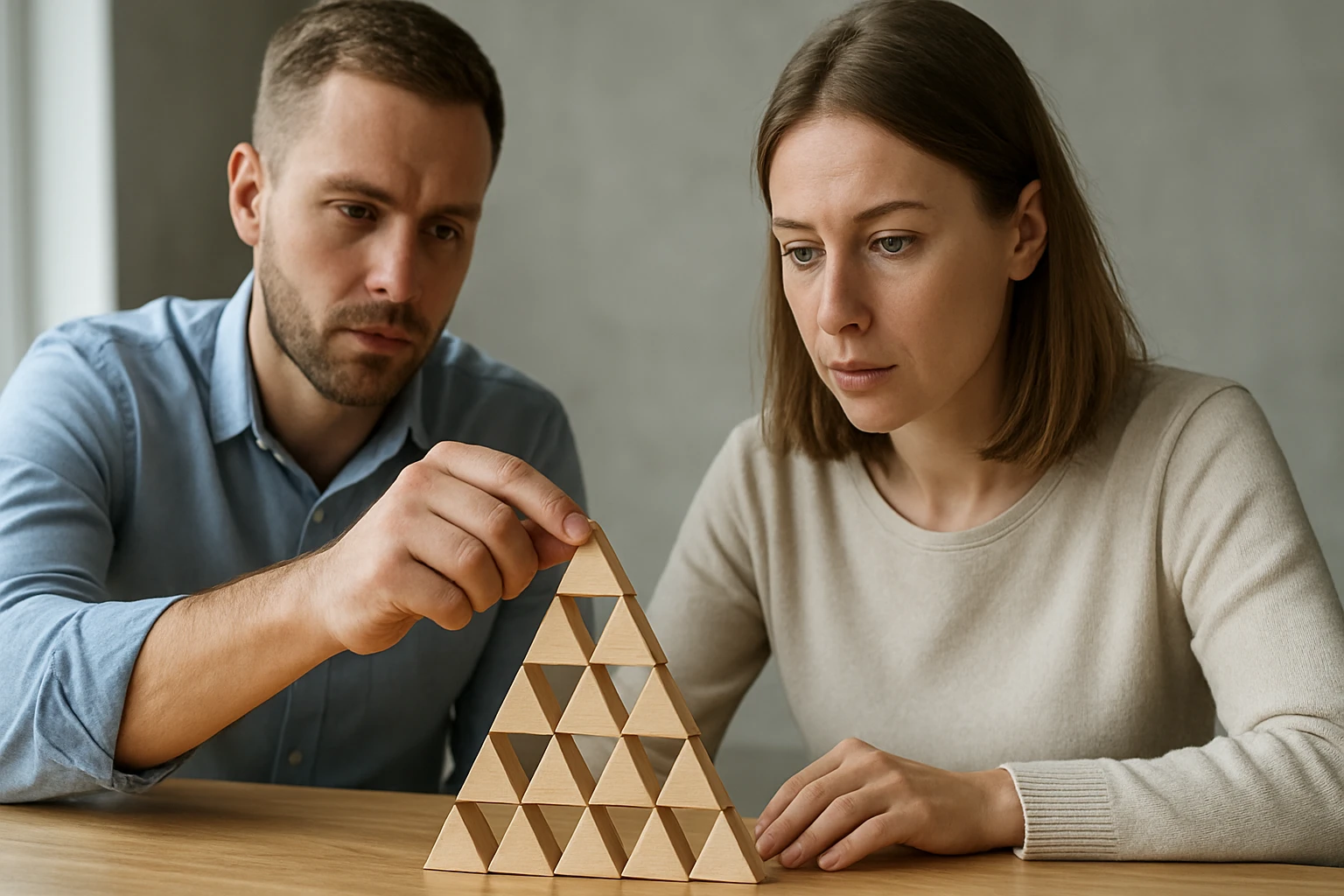 Két ember épít egy fa háromszög alakú játékot az asztalon.