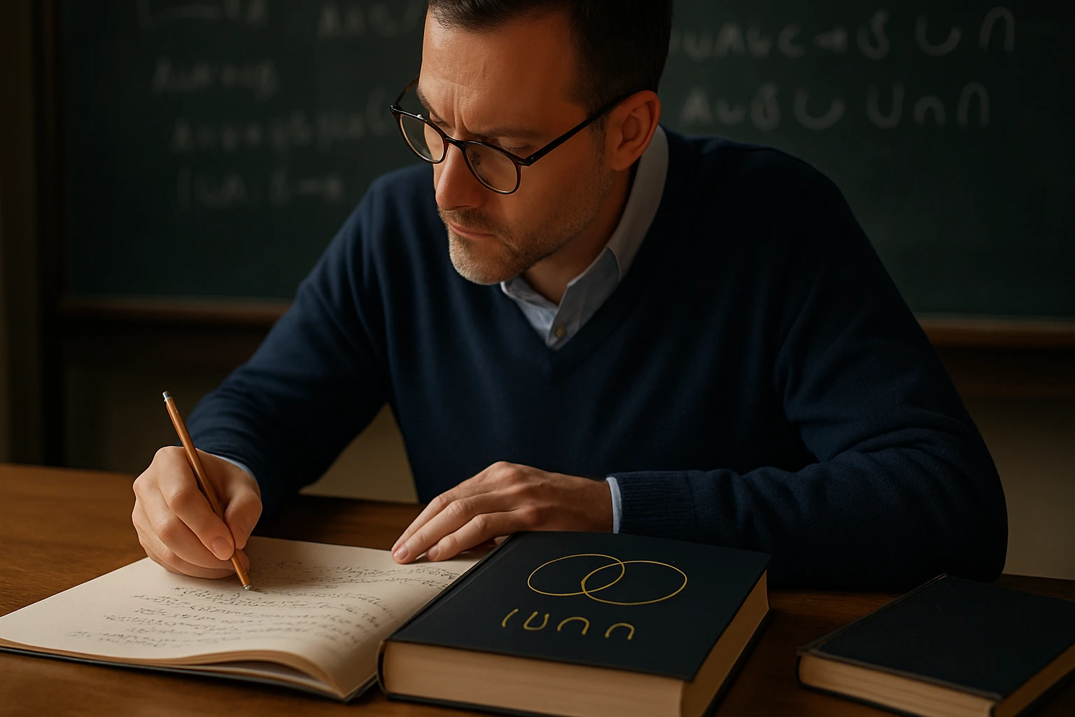 Egy férfi matematikai jegyzeteket ír egy könyv mellett, háttérben táblával.