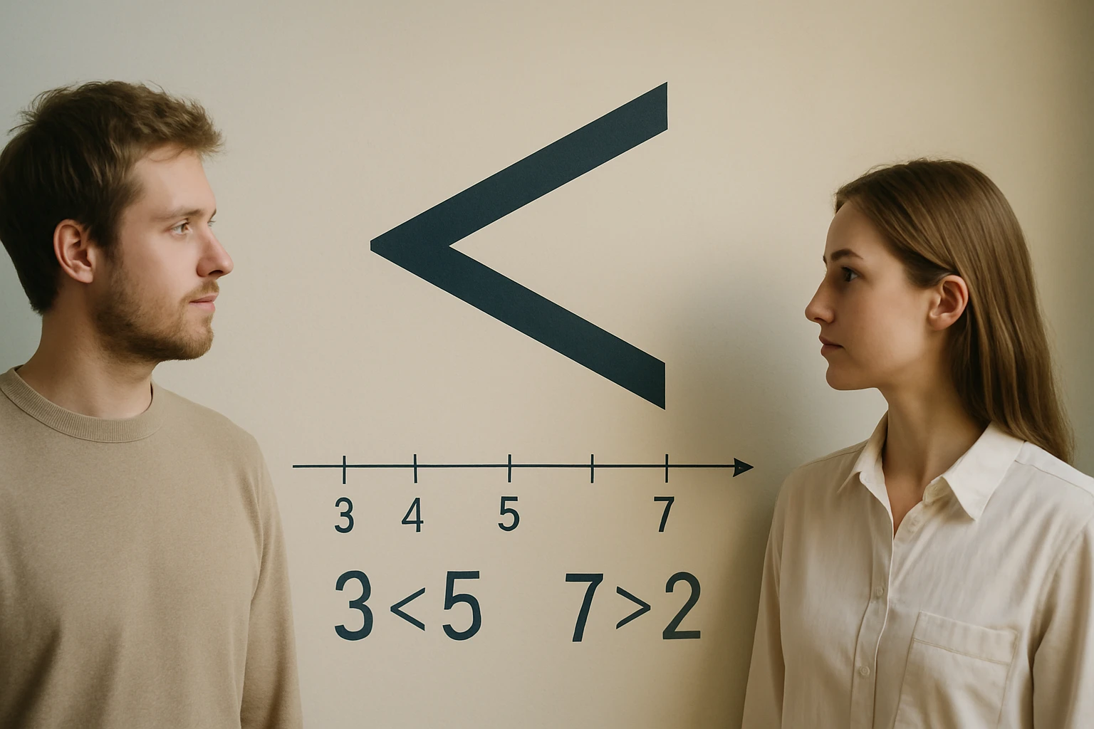 Két fiatal ember áll egymással szemben, mögöttük matematikai jelek láthatók.