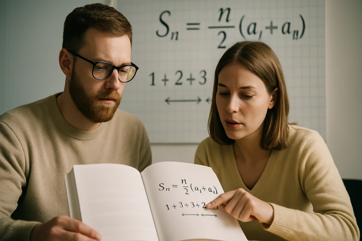 Két fiatal felnőtt matematikai képletet tanulmányoz egy könyvben.