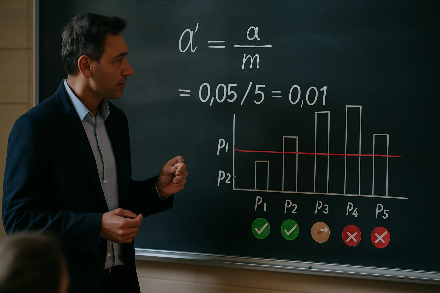 Egy tanár a táblán matematikai képletet és grafikonokat magyaráz.