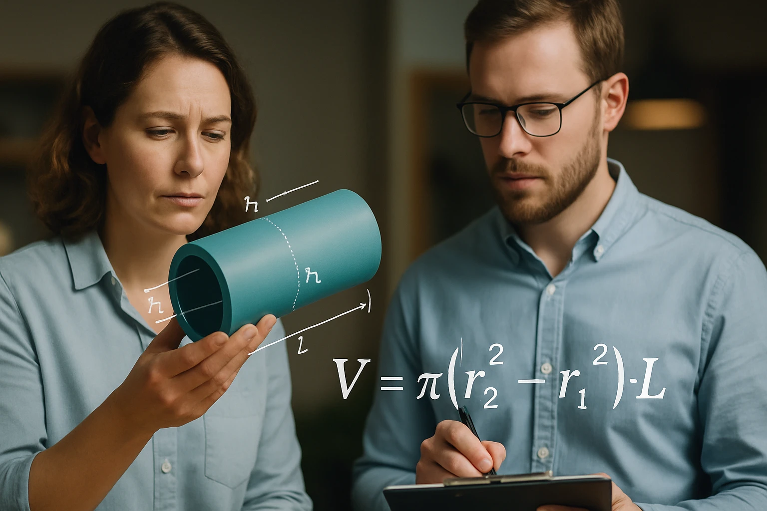 Két ember egy henger alakú tárgyat vizsgál, matematikai képletek láthatók.