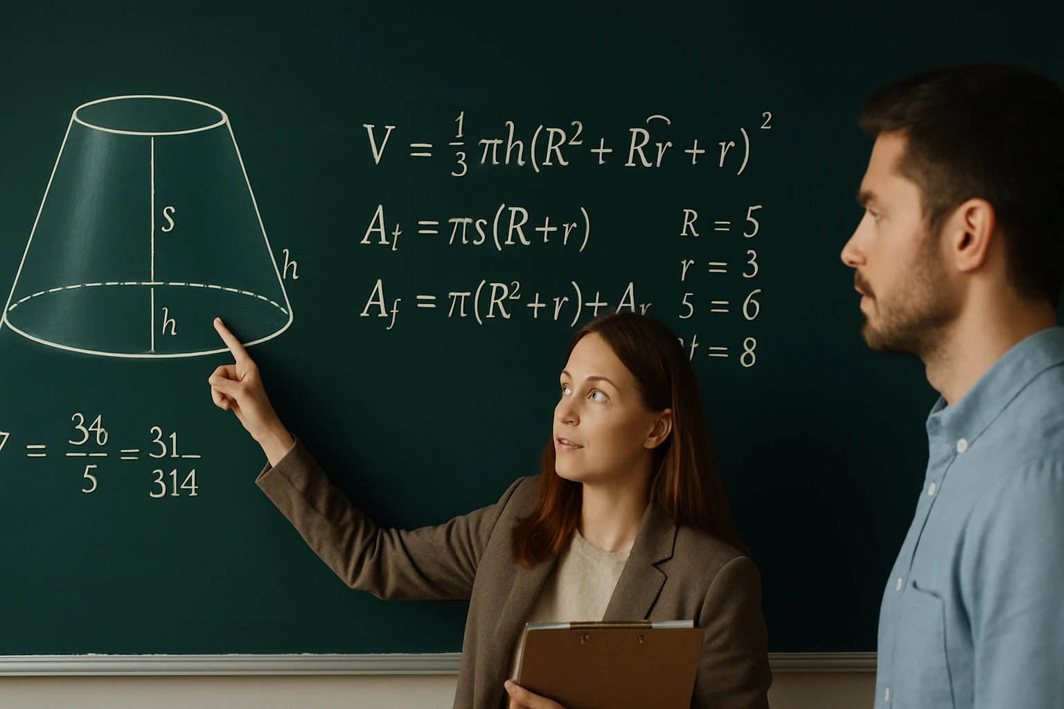 Egy nő mutat egy kúp alakú testet a táblán, matematikai képletekkel.