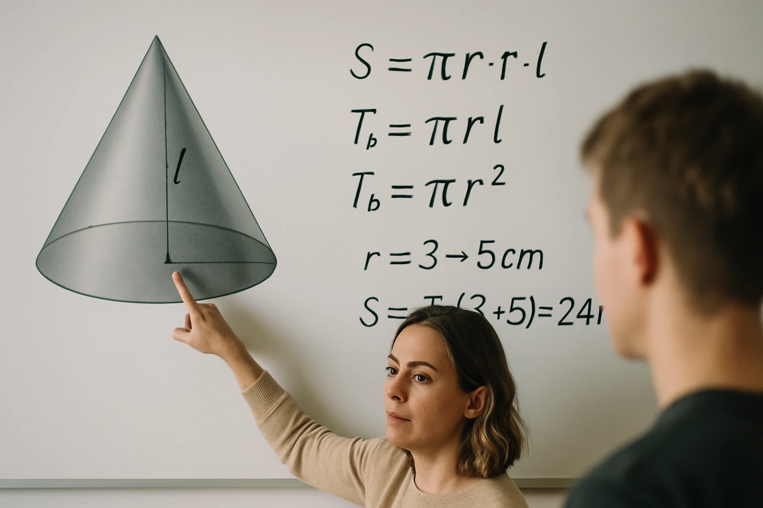 Egy nő mutat egy kúpra, miközben matematikai képletek láthatók a falon.
