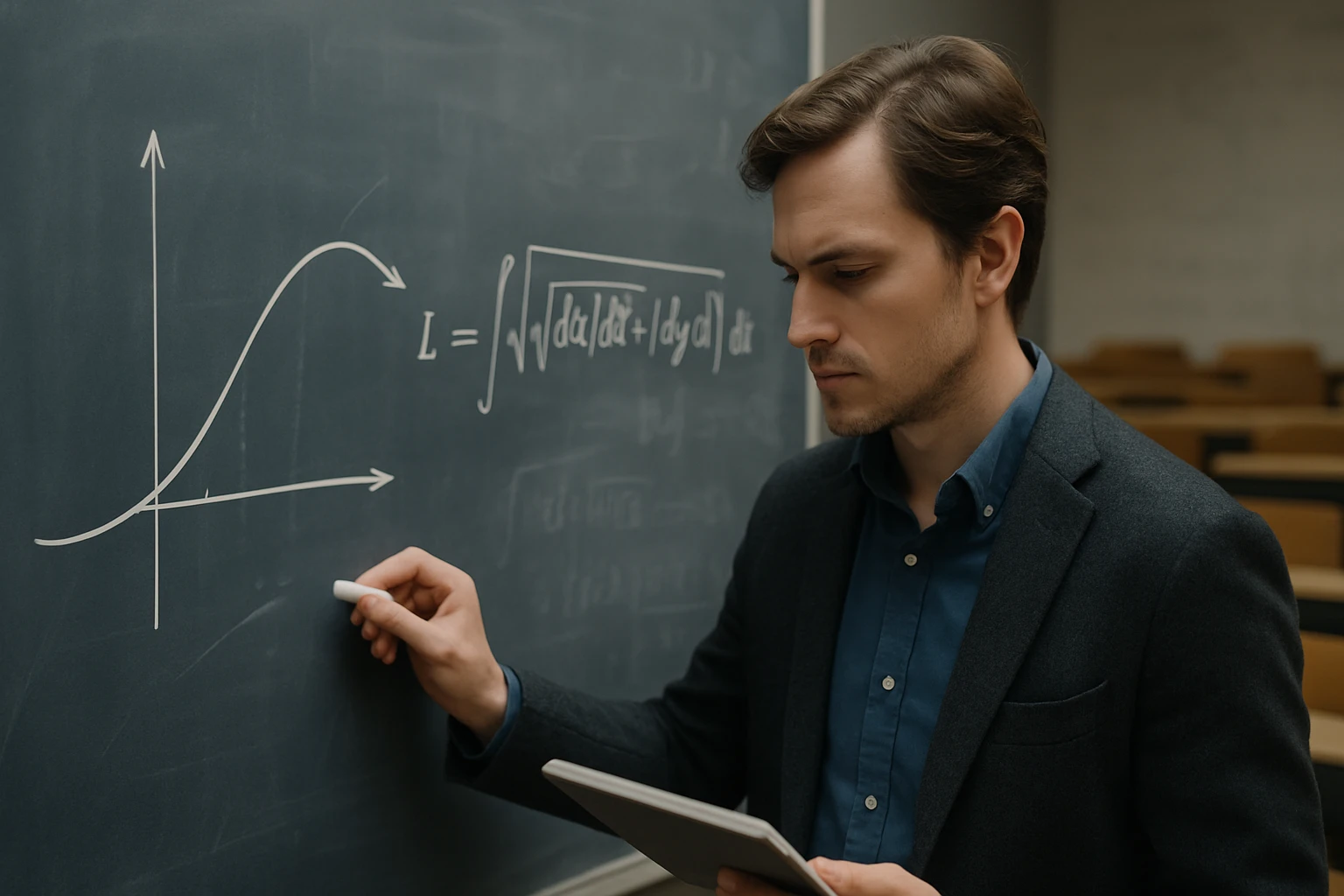 Egy férfi a táblán matematikai képleteket ír, miközben figyelmesen néz.